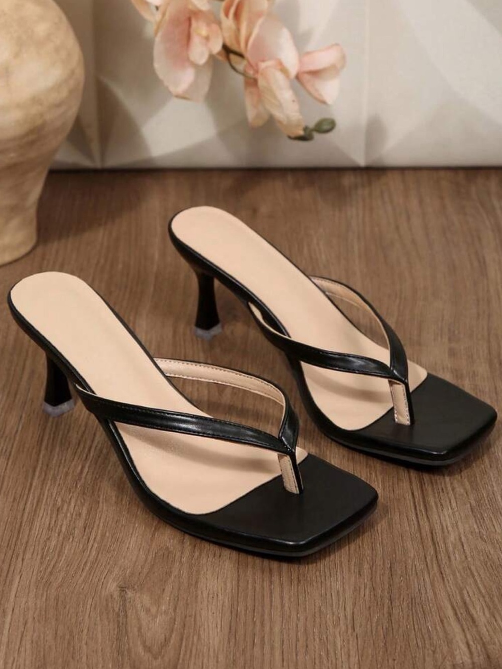 Black Square Toe Kitten Heel Sandals